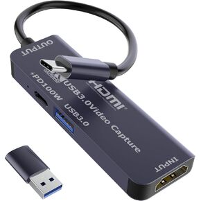 بطاقة التقاط الفيديو USB 3.0 مع بطاقة التقاط PD 100W ، تسجيل 4K ، 1080p 60 إطارًا في الثانية ، HDMI إلى USB-A/USB-C بطاقة مع منفذ USB 3.0 لـ Quest 3 ، Switch ، PS5/4 ، الكاميرا ، Xbox ، الكمبيوتر اللوحي