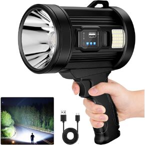 Rechargeable Spotlight Outdoor,1,000,000 Lumens Solar Spotlight Flashlight with Cob Light and Solar Panels, Lightweight Handheld Led Spot Light for Hunting Boating Emergencies