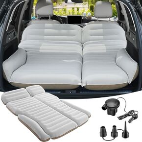 KMZ SUV Air Mattress Double Sided Thickened Flocking Car Bed – Portable Inflatable Mattress Pad for Camping & Travel with 2 Pillows & Electric Pump (Off-White and Coffee)