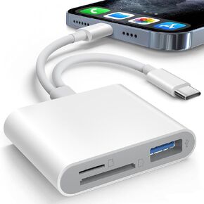SD Card Reader for iPhone iPad Trail Camera Viewer Built-in Dual Lightening & USB-C Dual Connector Card Reader with SD MicroSD USB-A 3 Slots, Portable No App Required Plug and Play - White