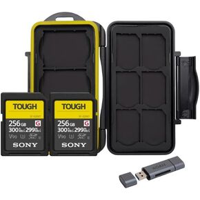 Sony 256 GB Tough G Series UHS-II SDXC Memory Card (2-Pack) Bundle with 2-in-1 OTG Dual Slot SD Card Reader and Memory Storage Carrying Case (3 Items)