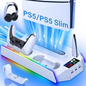 PS5 Slim / PS5 Cooling Station with Controller Charging Station for PlayStation 5 Console Disc/Digital, PS5 Cooling Stand Accessories with RGB Light/Charger/Cooler Fan/3 USB Hubs/Headset Holder/Screw