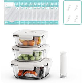 Vacuum Seal Glass Food Storage Containers with Sous Vide Bags, Meal Prep Container with Airtight Locking Lids for Lunch, BPA Free, Leak Proof, Long-Lasting Freshness-Rectangle/Square set