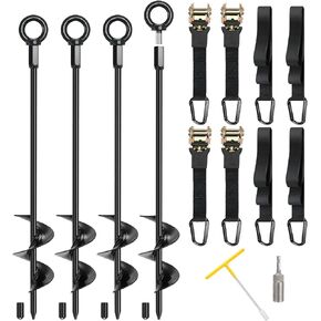 Ground Anchors, 4 Pack 18" Screw in Tent Stakes, Shed Anchor Kit, Fully Welded Spiral Trampoline Anchors High Wind Heavy Duty with 4 Adjustable Strong Straps for Tent Canopy Gazebo Carports Swing Set