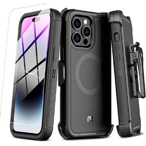 M MYBAT PRO Maverick Series iPhone 14 Pro Max Case with Belt Clip Holster,w/Screen Protector,Anti-Drop,Shockproof,with 360°Rotating Kickstand,Heavy Duty Protection Black