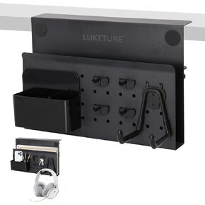 LUKETURE Desk Side Storage, No Drill Laptop Side Desk Mount, Steel Hanging Organizer, with Pegboard Accessories, Clamp on Laptop Holder for Office and Home, Fits Flat Edge Tables 0.3" to 2.8"