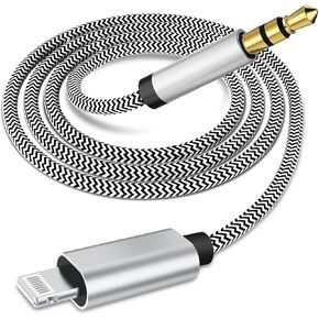 [Apple MFi Certified] Lightning to 3.5mm Aux Stereo Audio Cable,Nylon iPhone Aux Cord Adapter for Car Compatible with iPhone 14/13/12/11/XS/XR/X/8/7 to Speaker/Home Stereo/Headphone(3.3FT-Silver)