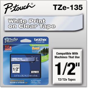 Brother 1/2 Inch x 26.2 Feet White on Clear for P-Touch (TZ135)