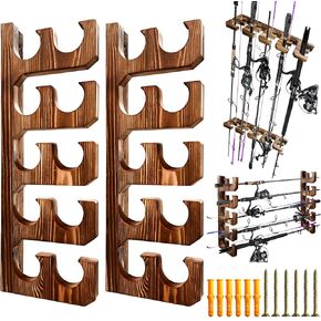Fishing Pole Holders for Garage up to 10 Rod or Combos, Solid burnedwood fishing rod rack rod holders for wall or Ceiling Mounted, fishing rod storage Organizer Fishing Gear Equipment Gifts