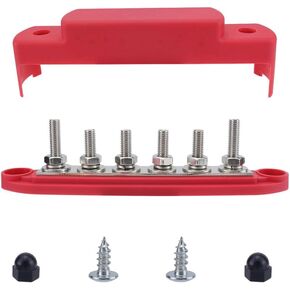 Bus Bar Power Distribution Block 12V 250A, 6 x 5/16" (M8) Posts, 12-Volt Automotive Marine Battery Terminal Block with Cover - Negative & Positive Connections（Red