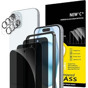 NEW'C 3x Privacy Screen Protector for iPhone 15 (6.1 inches)+ 3x Camera Lens Protector, Sensor Protection, Tempered Glass Film, Balanced 28-Degree Privacy Angle, Easy installation tool included