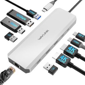 Laptop Docking Station, WAVLINK 10G USB C Hub with Dual HDMI, 100W PD in, 10Gbps USB-A/C 3.2, 5Gbps USB-A, USB2.0, Gigabit Ethernet for Dell/HP/Lenovo etc, Windows Systerm Computer Only