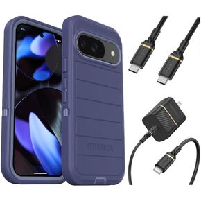 OtterBox Google Pixel 9 & Pixel 9 Pro (Only) Defender Series Case, Denver Dusk Purple, with Port Protection, Holster Clip Included, Microbial Defense Protection, USB-C to USB-C Wall Charging Kit, 20W
