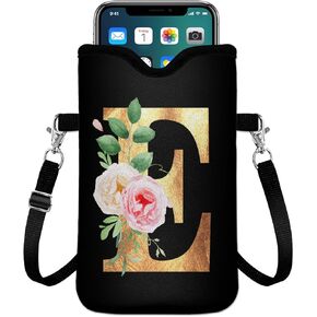 Initial Neoprene Cell Phone Sleeve Pouch 7.6"x4.3" with Crossbody Strap/Neck Lanyard,2 Pockets Inner Universal Phone Bag for Womem Men Shockproof Mobile Protection Case Bag-Black Letter-E Phone Pouch