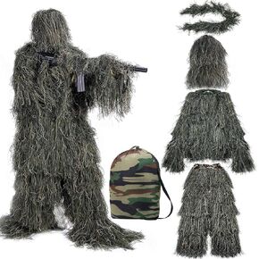 Ghillie Suit 5 in 1, 3D Camouflage Hunting Suit Clothes, Woodland Gilly Suit Hooded Gillies Suits for Men Hunting, Hallowee Costume
