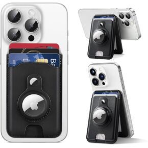Magnetic Wallet for iPhone magsafe with Airtag, Phone Card Holder for iPhone 16/15/14/13 Plus Pro Max Slim Vegan Leather, Adjustable Stand, RFID Blocking, Fit 6 Cards Idea, Black