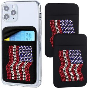Cell Phone Card Holder Pocket for Phone Case, 2 Pack American flag Adhesive Phone Pocket,Credit Cards/ID Card Holder(Double Secure) with Sticker for Back of iPhone,Android and All Smartphones-Black