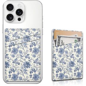 Phone Card Holder, Dual Pocket Leather Phone Wallet Adhesive Stick On, Cute Card Holder, Credit Card Holder for Phone Case Compatible with Most Phone （Delicate blue flowers）