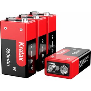Kratax 9v Rechargeable Batteries 4 Pack 850mAh High Capacity 9volt 6F22 Lithium-ion Batteries, 8.7V, 1000 Cycles Long-lasting, for Smoke Alarms Guitar Multimeter Toy Microphones-Charger not included