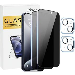 Pixor 2 Pack Privacy Screen Protector and 2 Pack Camera Lens Protector for iPhone 15. Full Coverage Screen Protector and Case Friendly Camera Lens Protector (iPhone15)