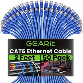 GEARit Cat 6 Ethernet Cable (50-Pack 2 Feet) Cat6 Network Patch, 10Gbps, RJ45, Snagless Cord, Gold-Plated Connectors, Internet for PC, TV, Tablet, Router, Printer, Servers, IT Data Center - Blue