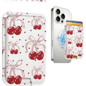 Compatible with Magsafe Wallet Magnetic Card Holder,Cute Leather Cherry Bow Phone Wallets with Women Girl for iPhone 16/15/14/13/12 Series Slim for Apple Mag RFID Magnet, Fit 3 Cards-A19