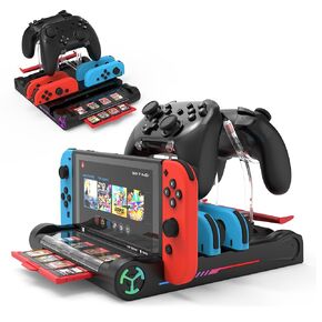 Qoroos Switch Charging Dock Station for Nintendo Switch/OLED Charging Station Joy Con Charging Dock Support Nintendo Switch Dock with 8 Card Slots, Controllers & Console Holder, RGB Light