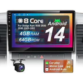 Upgraded Android 14 Car Radio for Dodge Ram 1500 2500 3500 2009-2012 4+64G with Wireless Carplay&Android Auto 10" Ultra HD Touchscreen, AM/FM/RDS, Backup Camera, SWC
