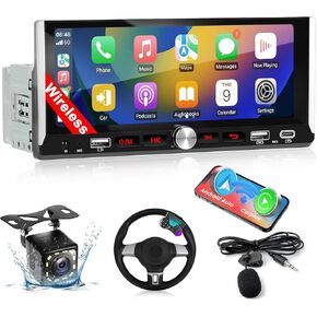 Single Din Car Stereo with Wireless Apple Carplay Android Auto, Car Stereo with 6.9'' Touchscreen Radio,Car Bluetooth Radio,Type-C/Dual USB with Backup Camera,Car MP5