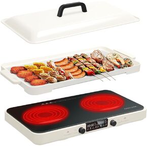 Double Induction Cooktop, 1800W Portable Stove Top Electric with Removable Non-Stick Griddle Pan, 2 Induction Burners, 11 Temperature & Power Levels, 3-Hour Timer, White