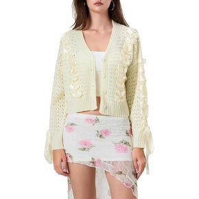 Women's Y2K Crop Cardigan Long Sleeve V-Neck Satin Ribbon Lace Up Bow Dec Sweater Pullover Button Down Knit Jumper Top