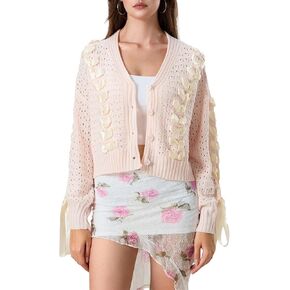 Women's Y2K Crop Cardigan Long Sleeve V-Neck Satin Ribbon Lace Up Bow Dec Sweater Pullover Button Down Knit Jumper Top
