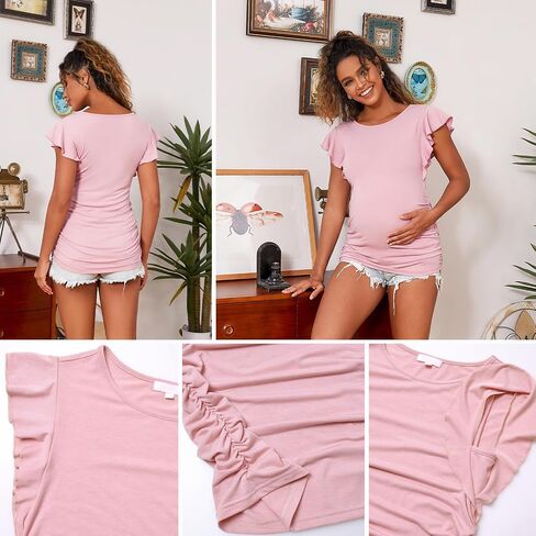 Bhome Maternity Tops Flying Shorts Sleeve Tshirt Side Ruched Pregnant Blouse Casual Pregnancy Tunic in Saudi Arabia