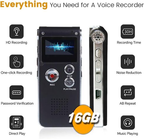 Digital Voice Recorder, 16GB Audio Recorder with Playback USB Rechargeable Tape Recorder for Lecture, Meeting, Interview, Upgraded Small Dictaphone Recorder Device in Saudi Arabia
