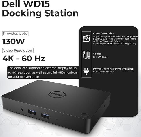 Dell WD15 130W Monitor Dock 4K USB-C - Dell Docking Station for Laptops with 130W AC Adapter + HDMI Cable + Microfiber Cloth (Renewed) in Saudi Arabia