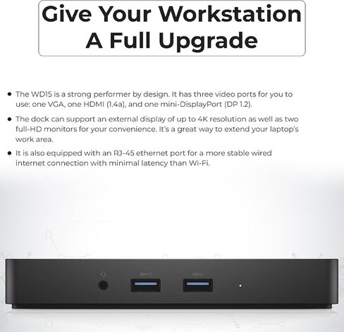 Dell WD15 130W Monitor Dock 4K USB-C - Dell Docking Station for Laptops with 130W AC Adapter + HDMI Cable + Microfiber Cloth (Renewed) in Saudi Arabia