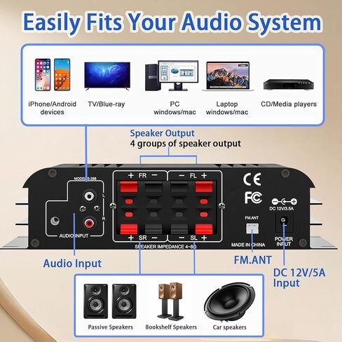 Bluetooth 5.1 مضخم صوت ستيريو 4 قناة MAX 1200W HIFI MINI POWER AMPLIFIER RMS 50WX4 USB ، SD ، FM Class D AMP مع محول ومكافحة عن بعد للسيارة المنزلية DIY مسرح مكبرات الصوت المسرحية KARAOKE in Kuwait