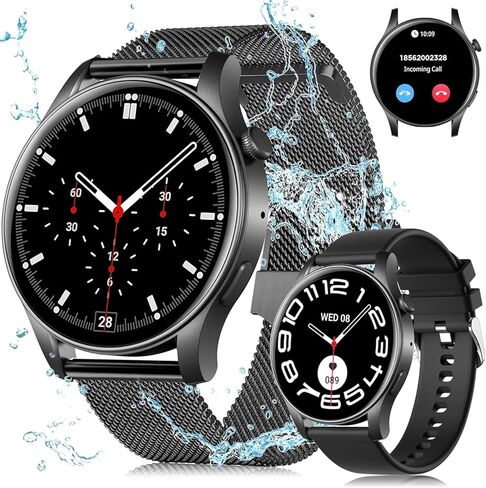 Smart Watch (Answer/Make Calls), Ultra Thin 1.43’’ AMOLED Smart Watches for Men Women, 100+ Sport Modes Fitness Tracker with Blood Oxygen/Heart Rate Monitor, IP68, Android IOS(with 2 bands)(Black） in Kuwait