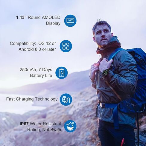 Smart Watch (Answer/Make Calls), Ultra Thin 1.43’’ AMOLED Smart Watches for Men Women, 100+ Sport Modes Fitness Tracker with Blood Oxygen/Heart Rate Monitor, IP68, Android IOS(with 2 bands)(Black） in Kuwait