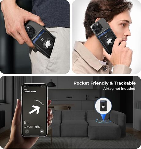 Magnetic Wallet for iPhone magsafe with Airtag, Phone Card Holder for iPhone 16/15/14/13 Plus Pro Max Slim Vegan Leather, Adjustable Stand, RFID Blocking, Fit 6 Cards Idea, Black in Saudi Arabia