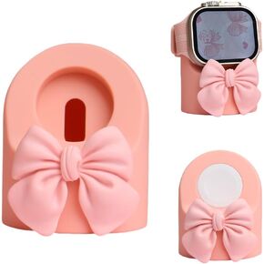 Charger Stand Compatible with Apple Watch Series Ultra2/Ultra/10/9/8/7/6/5/4/3/2/1/SE2/SE, for iWatch Cute 3D Bow Tie Silicone Charging Desk Stand Dock Holder Night Stand Mode, Pink Bow