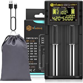LCD2-T 18650 Battery Charger, LCD Screen Can Display Capacity, with Battery Capacity Tester, 2A Fast Charger Discharg 2bay, for 3.7v Rechargeable Lithium Battery and 1.2v Ni-Mh/Ni-Cd AA AAA Battery