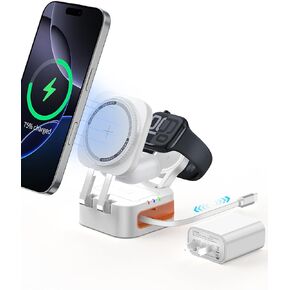 Magnetic Charger Compatible for Apple,3 in 1 Foldable Mag-Safe Wireless Charger Stand with Retractable Cable,Fast Charging Station for iPhone 16/15/14/13 Series,Air-Pods,iWatch Ultra/9/8/7/6(White)