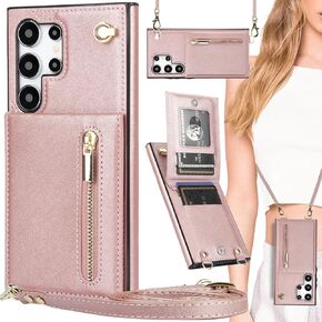 for Samsung Galaxy S25 Ultra Case Wallet with Card Holder for Women, Crossbody Lanyard Strap Leather Zipper Purse Cover Magnetic Clasp Kickstand Flip Case for Galaxy S25 Ultra ZP Black