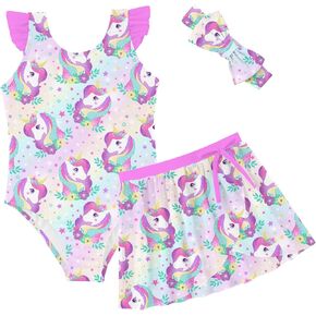 ALISISTER Girls Swimsuit Summer 3 Piece Bathing Suits Beach Swimwear with Cover Up Skirt and Headband for 3-7 Years