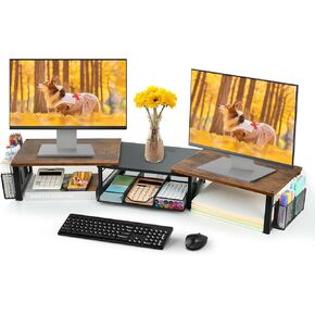 Desk Dual Monitor Stand Riser - Desk Organizer with Drawer and Pen Holders, Office Desk Accessories & Workspace Organizers, Office Organization Computer Monitor Stand for Laptop, Printer, TV, Office Decor, Wood