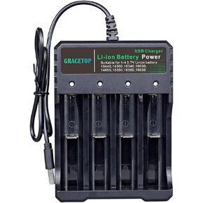 4-Bay Charger Independent Charging for 1-4 Li-ion Batteries with Multiple Protections and LED Indicators Compatible with 10440, 14500, 16340, 16650, 14650, 18350, 18500, 18650, 5V 2A