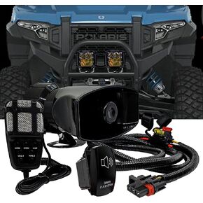 Alarm Horn Siren PA Speaker Mic System with Pulse Power Busbar Plug Wire Harness Kit Compatible with Polaris RZR Turbo Pro Crew Ranger XP Xpedition ADV 2018-2024
