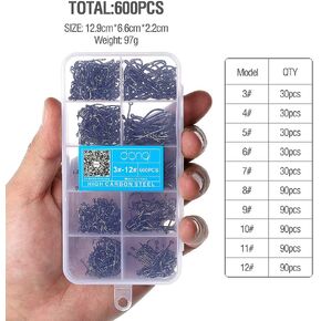 DONQL Bait Holder Hooks, 600Pcs Barbed Fishing Hooks 3#-12# Carp Single Fish Hook Kit Fly Fishing Accessories Carbon Steel Jig Sea Hooks for Freshwater Saltwater (600PCS)
