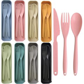 Reusable Utensils Set with Case, 8 Pack Large Camping Utensil Set, Big Plastic Cutlery Set Forks Spoon Tableware Chopsticks, Portable Cutlery Set for Travel Picnic Camping or Daily Use